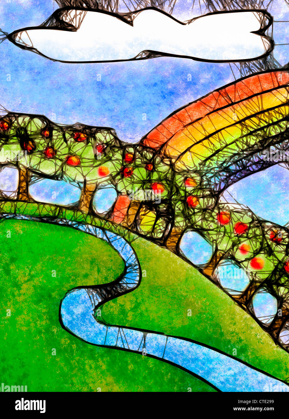 Abbildung der stilisierten Apfelbäume auf einem grasbewachsenen Hügel mit bunten Regenbogen Stockfoto