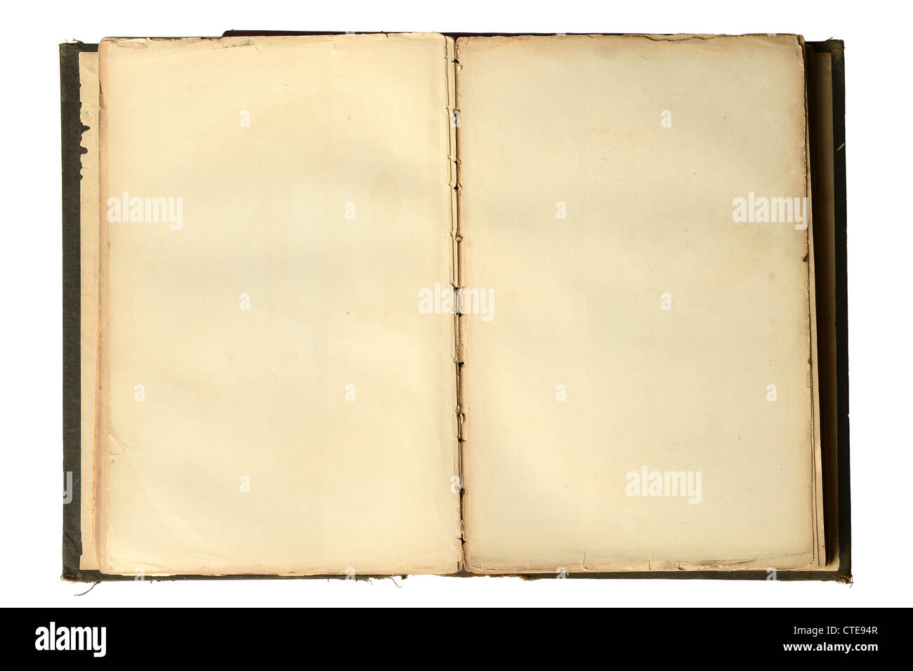 Offenes Vintage Buch mit leeren Seiten isoliert auf weißem Hintergrund Stockfoto
