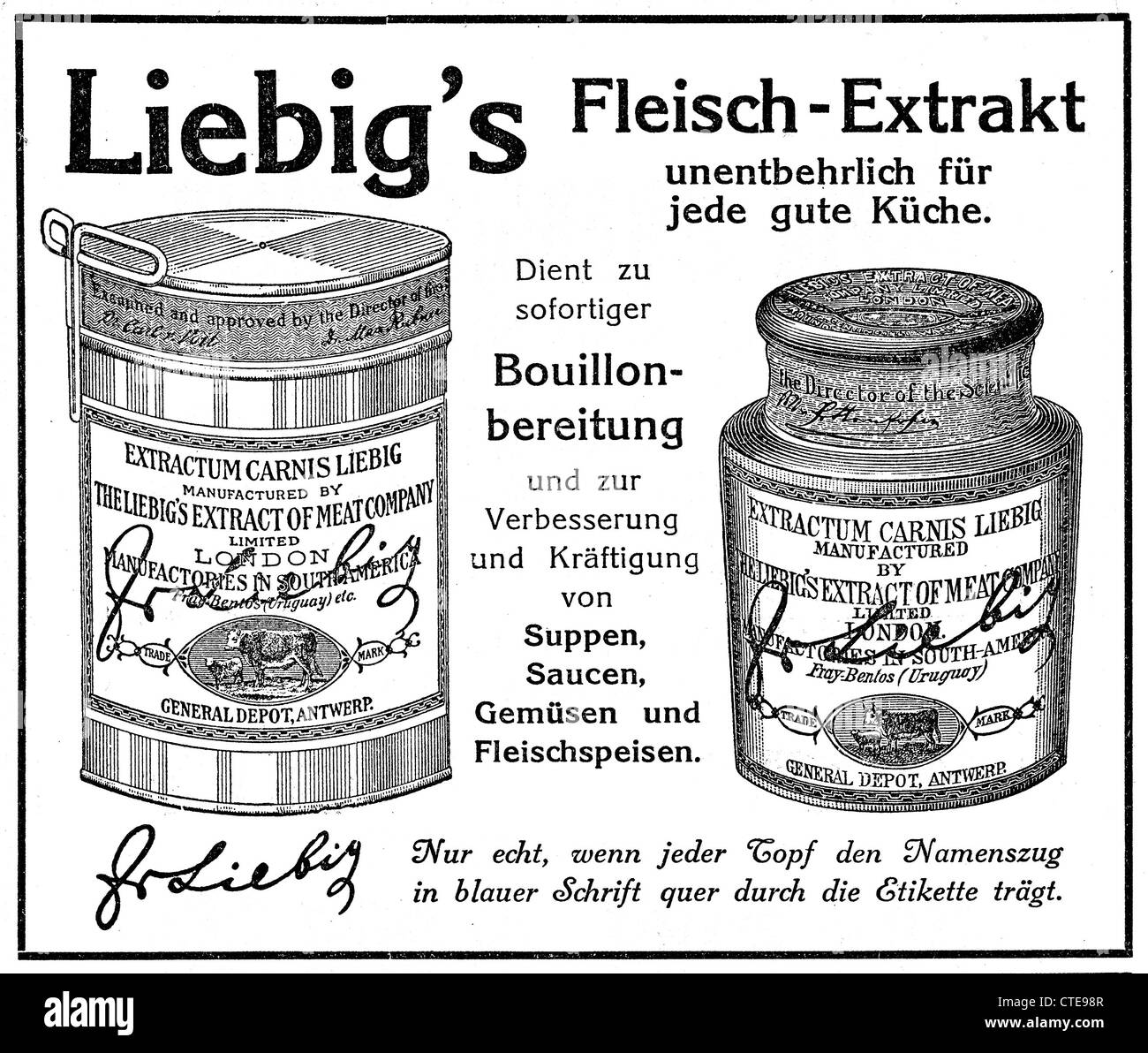 Deutsche Vintage Werbung: Liebig Fleisch Extrakt Stockfoto