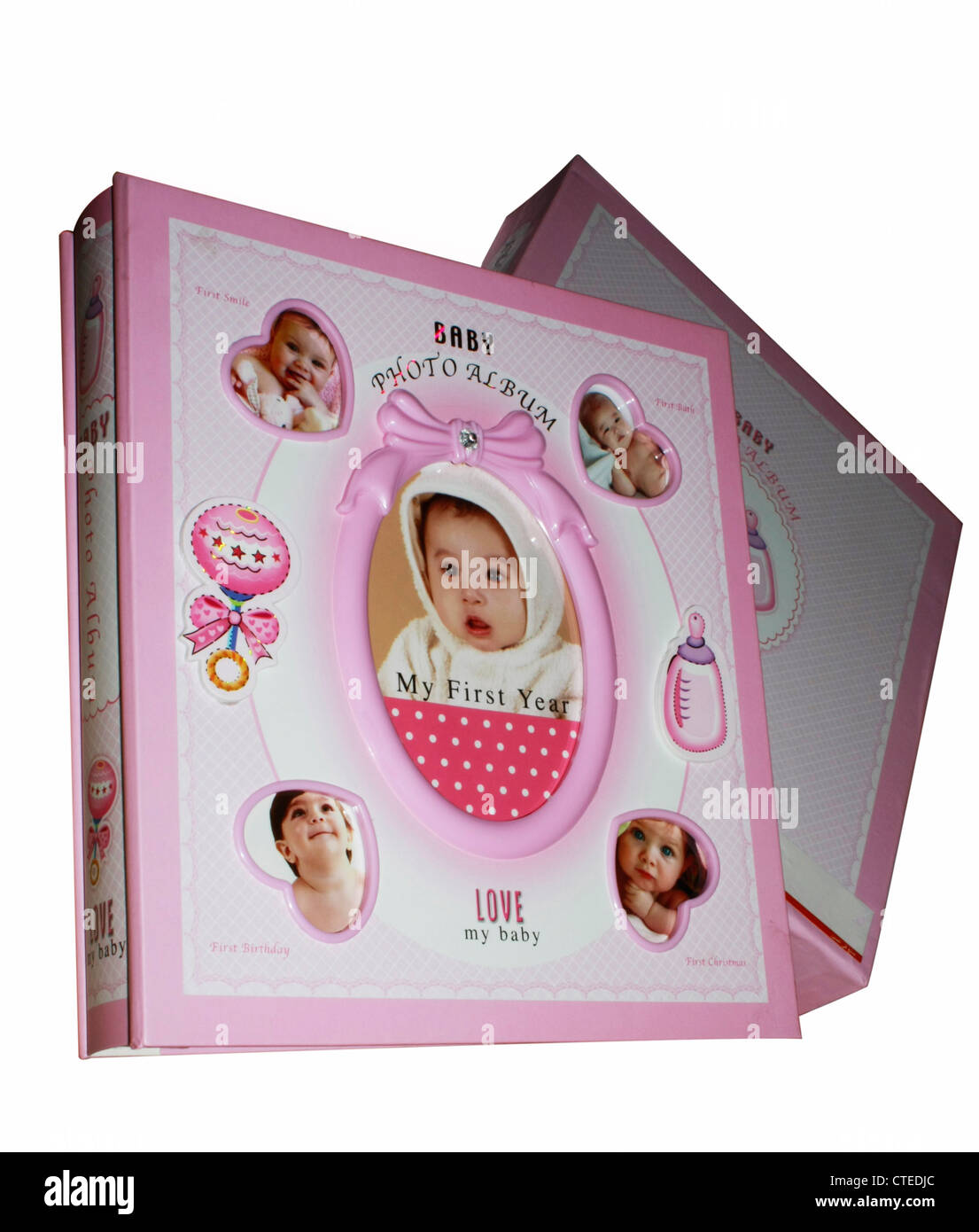 Ein rosa farbiges Baby-Fotoalbum Stockfoto