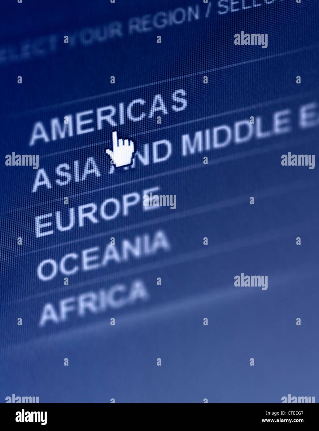 Internationale Web-Site wählen Sie Ihre Region-Lokalisierung-Menü Stockfoto