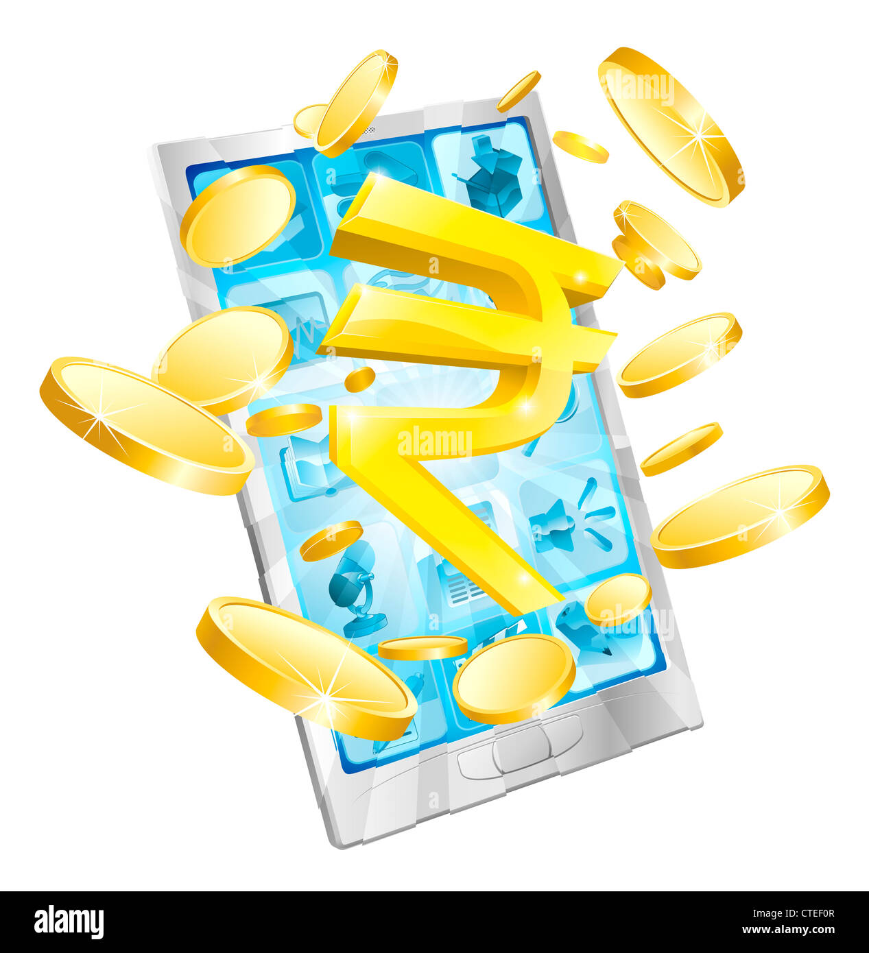 Rupie Geld Telefon Concept Illustration des Handy mit Münzen und gold Rupie-Zeichen Stockfoto