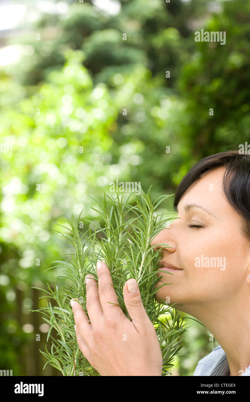Frau riecht frischen Rosmarin Stockfoto