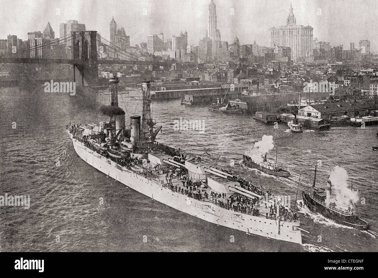 Die USS Texas verlassen New York, Vereinigte Staaten von Amerika im Jahr 1918. Aus dem Jahr 1918 illustriert. Stockfoto