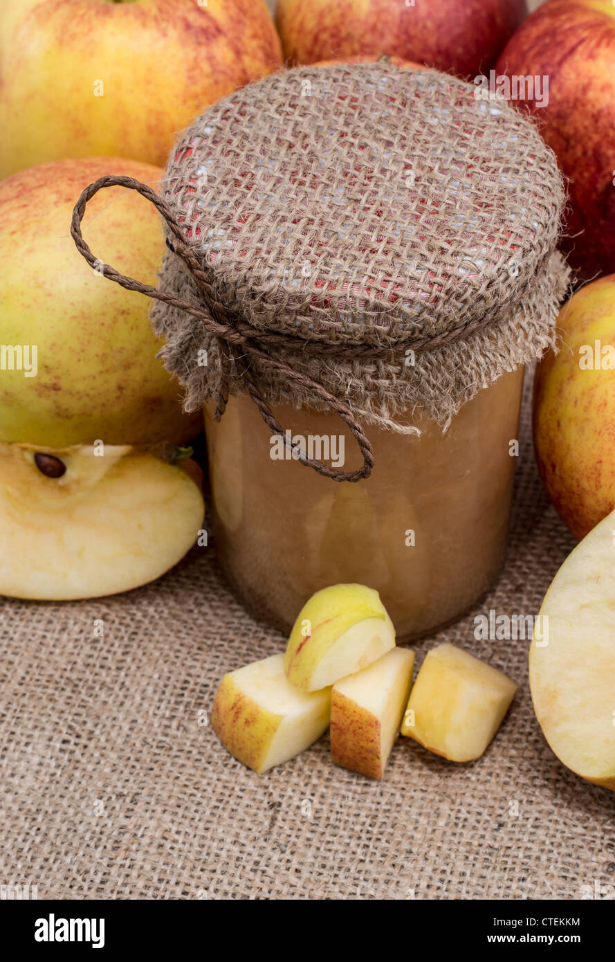 Frische hausgemachte Apfelmus mit rohen Äpfeln auf einem Textil-Hintergrund Stockfoto