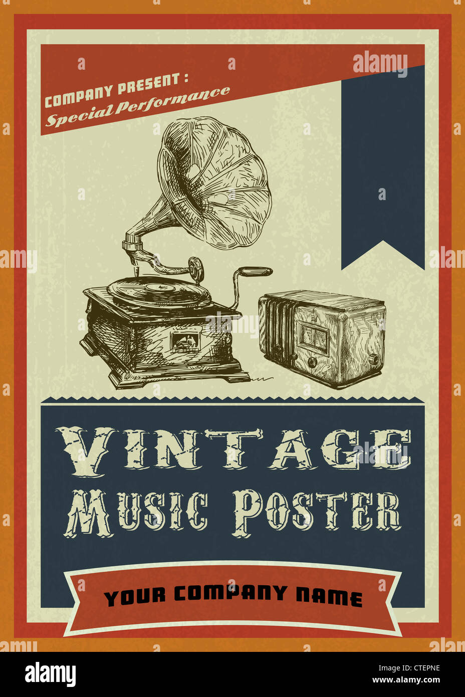 Vintage Musik Plakat mit Hand zu zeichnen, Plattenspieler und Lautsprecher Stockfoto