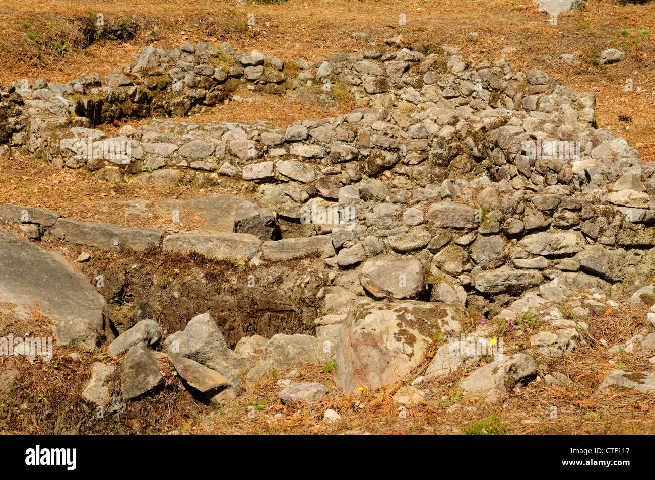 Überreste der vorrömischen Siedlung in Alto Dos Cubos, Tui, Pontevedra, Spanien Stockfoto