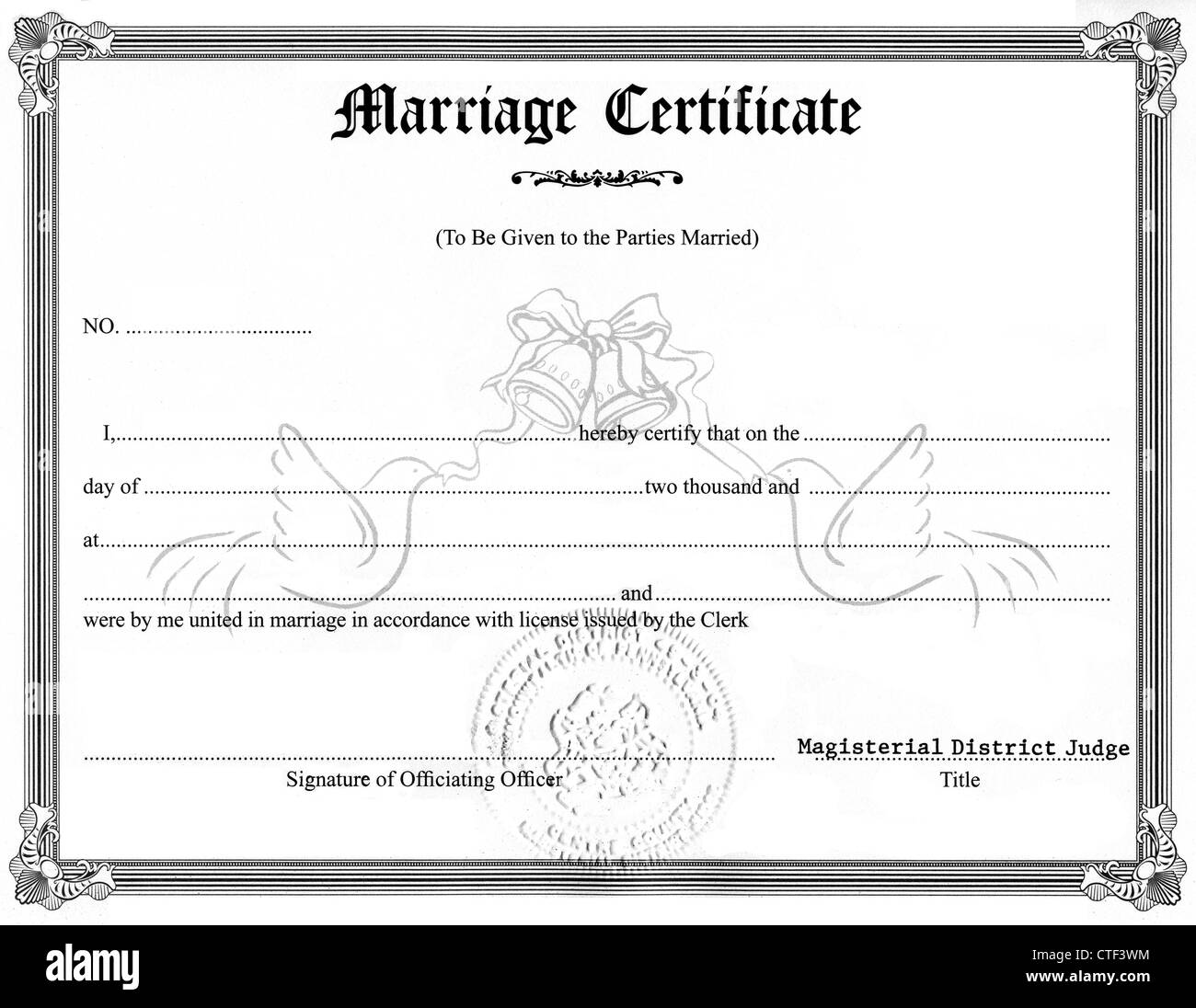 Nahaufnahme der Heiratsurkunde Stockfoto