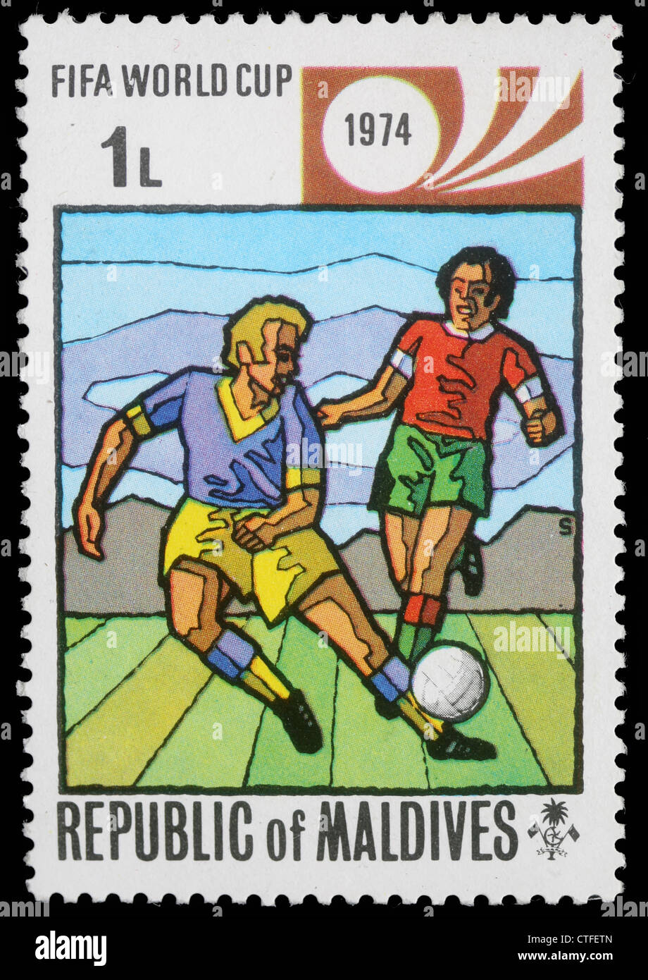 Malediven - CIRCA 1974: Briefmarke gedruckt von Malediven, zeigt Fifa World Cup, ca. 1974 Stockfoto