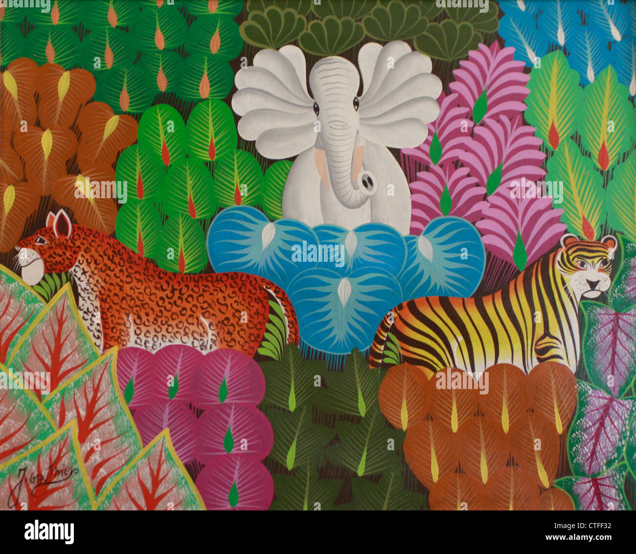 bunte Naif (Naive) Malerei der Dschungeltiere im Wald, einschließlich Elefanten, Tiger und Leopard von haitianischen Künstler Joel Gauthier Stockfoto