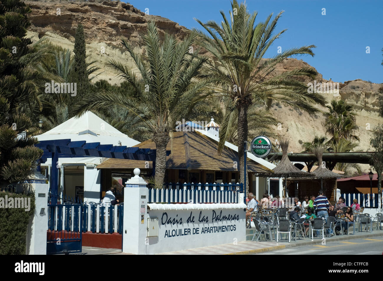 Bolnuevo Strandrestaurant, Oasis de Las Palmesas, Mazarron Murcia, Spanien in der Provence. Bilder April 2012 aufgenommen. Stockfoto