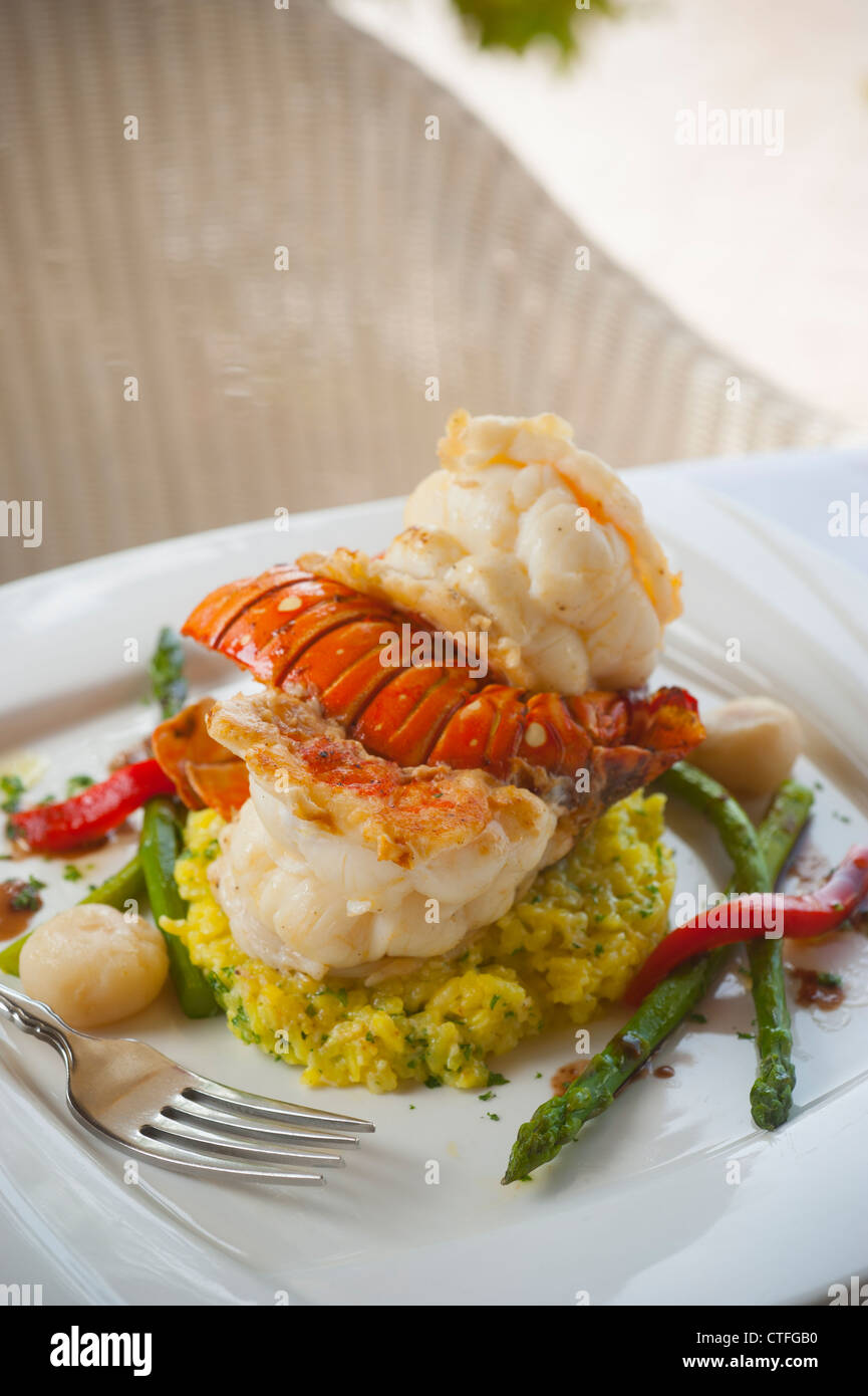 West Indies Nevis Mount Nevis Hotel Caribbean - Hummer serviert auf Risotto - fine-dining-Restaurant Essen Stockfoto