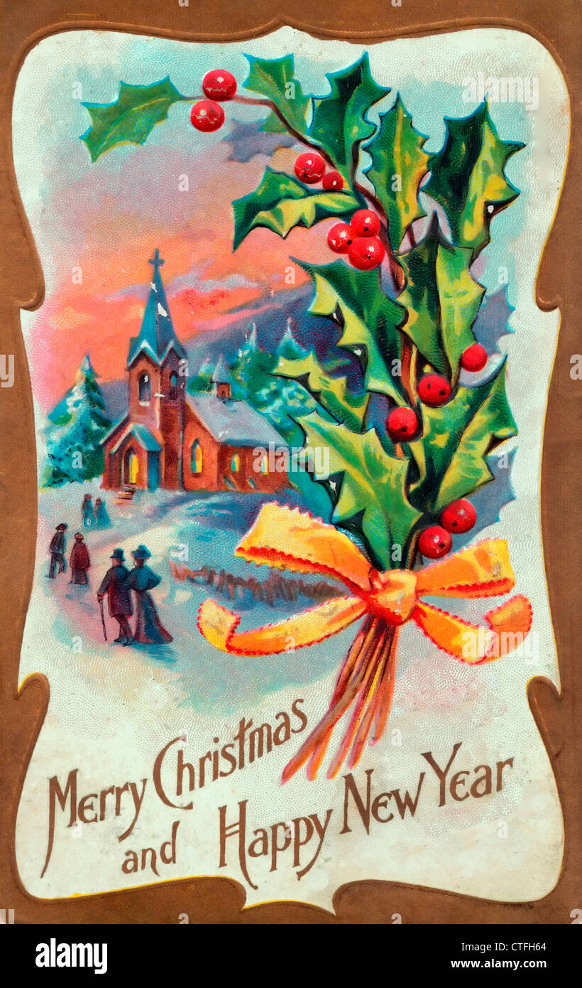 Frohe Weihnachten und Happy New Year - Vintage-Karte Stockfoto