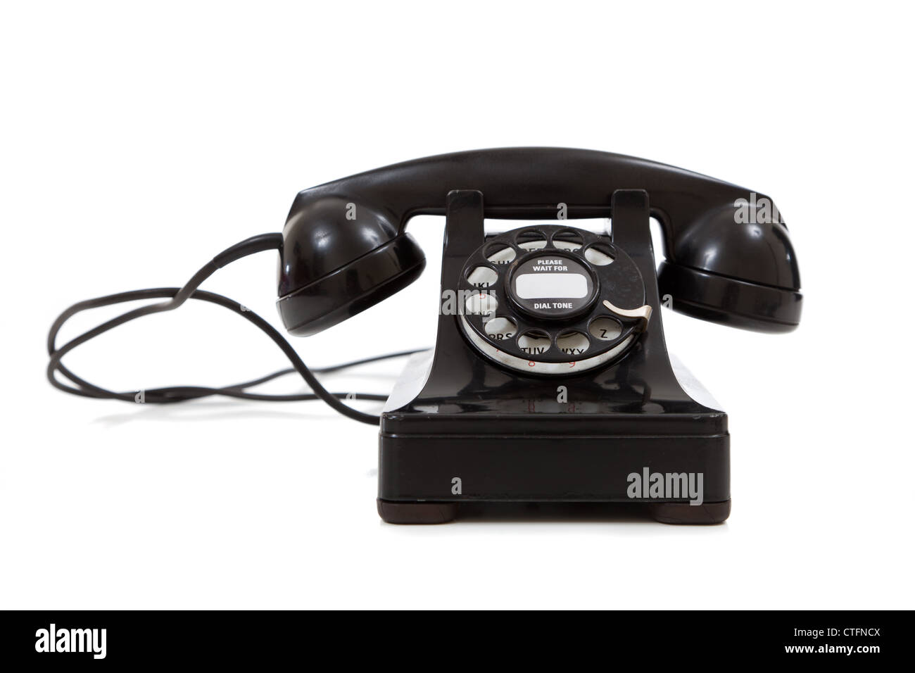 Vintage, schwarz 1940 Telefon auf weißem Hintergrund Stockfoto