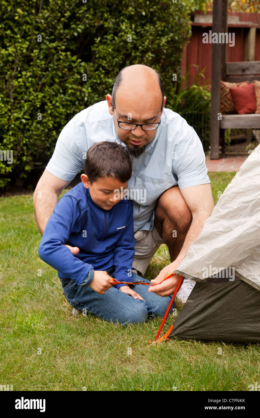 Vater und Sohn ein Zelt im Garten aufstellen. Stockfoto