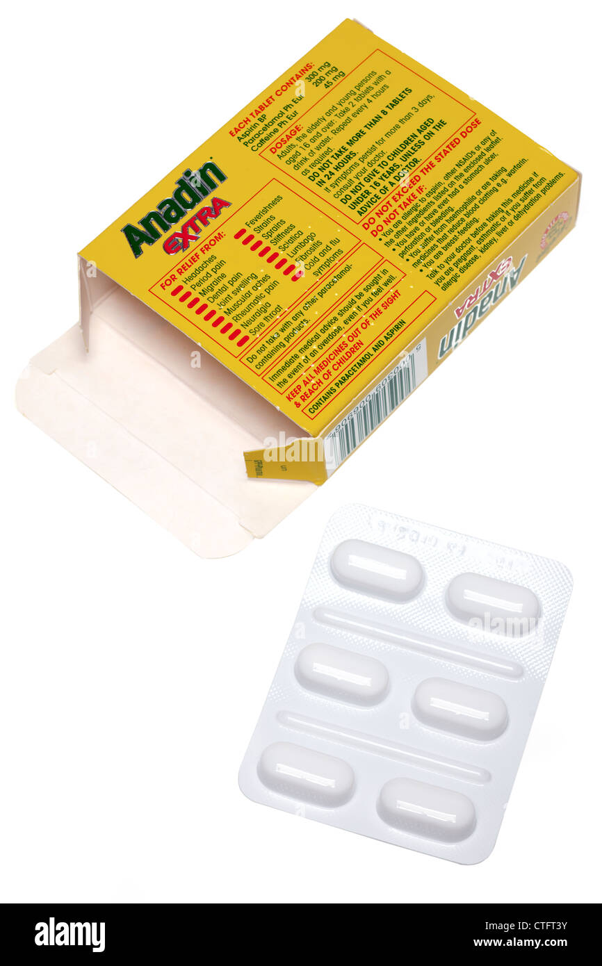 Paket von 12 wurde extra Aspirin Paracetamol Kopfschmerzen Kapseln Stockfoto