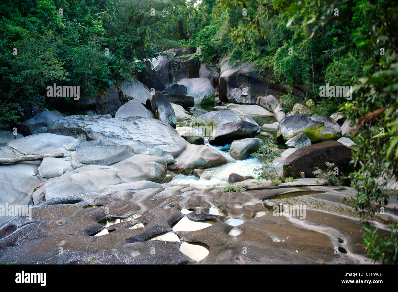 Die Felsbrocken am Babinda Creek, mächtige Granit blockieren das Wasser in den Regenwald der feuchten Tropen in der Nähe von Innisfail, QLD Stockfoto