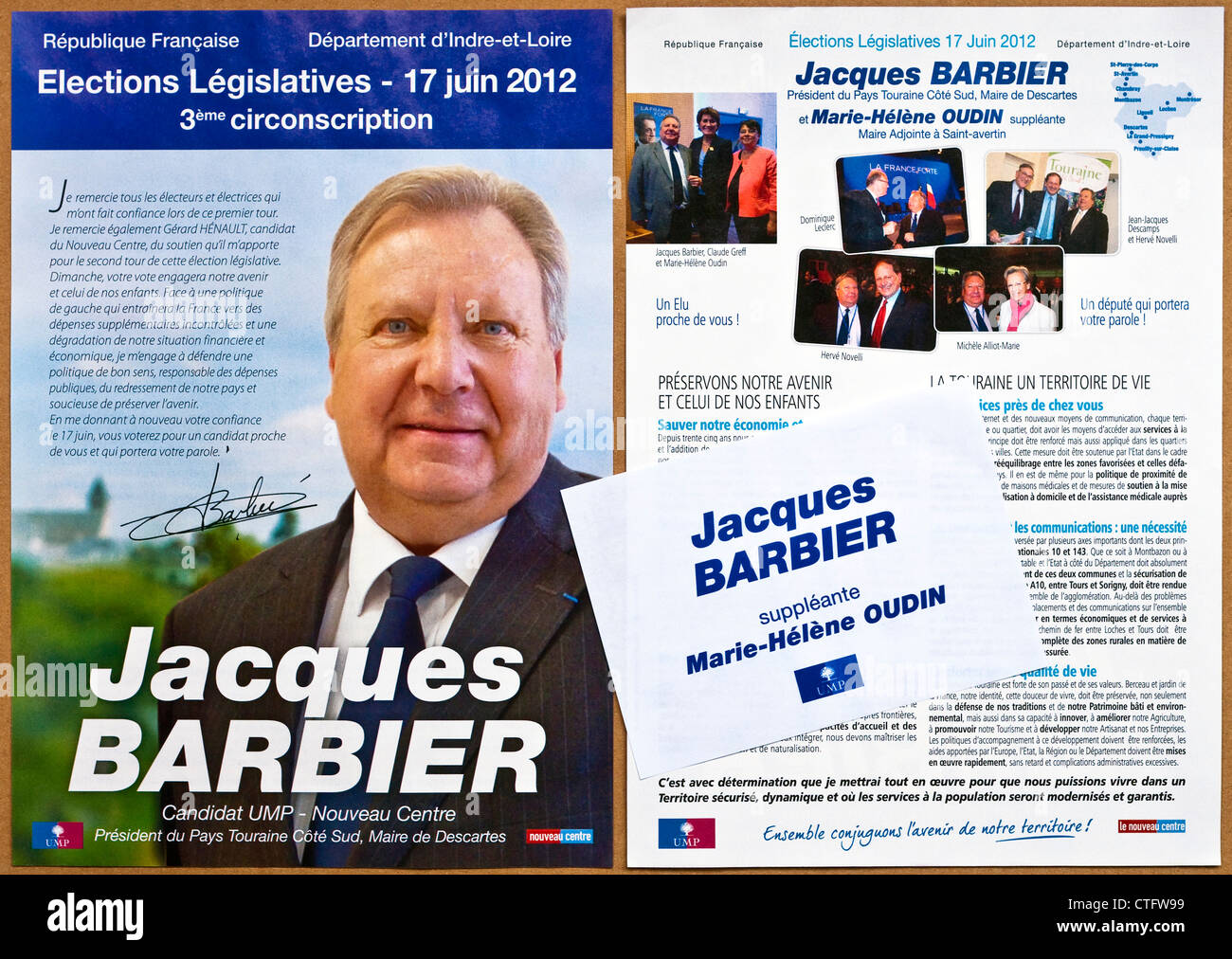 Französische nationale Wahlplakate und Flyer für Jacques Barbier (UMP - Center Rechtsextremismus) - Indre-et-Loire, Frankreich. Stockfoto