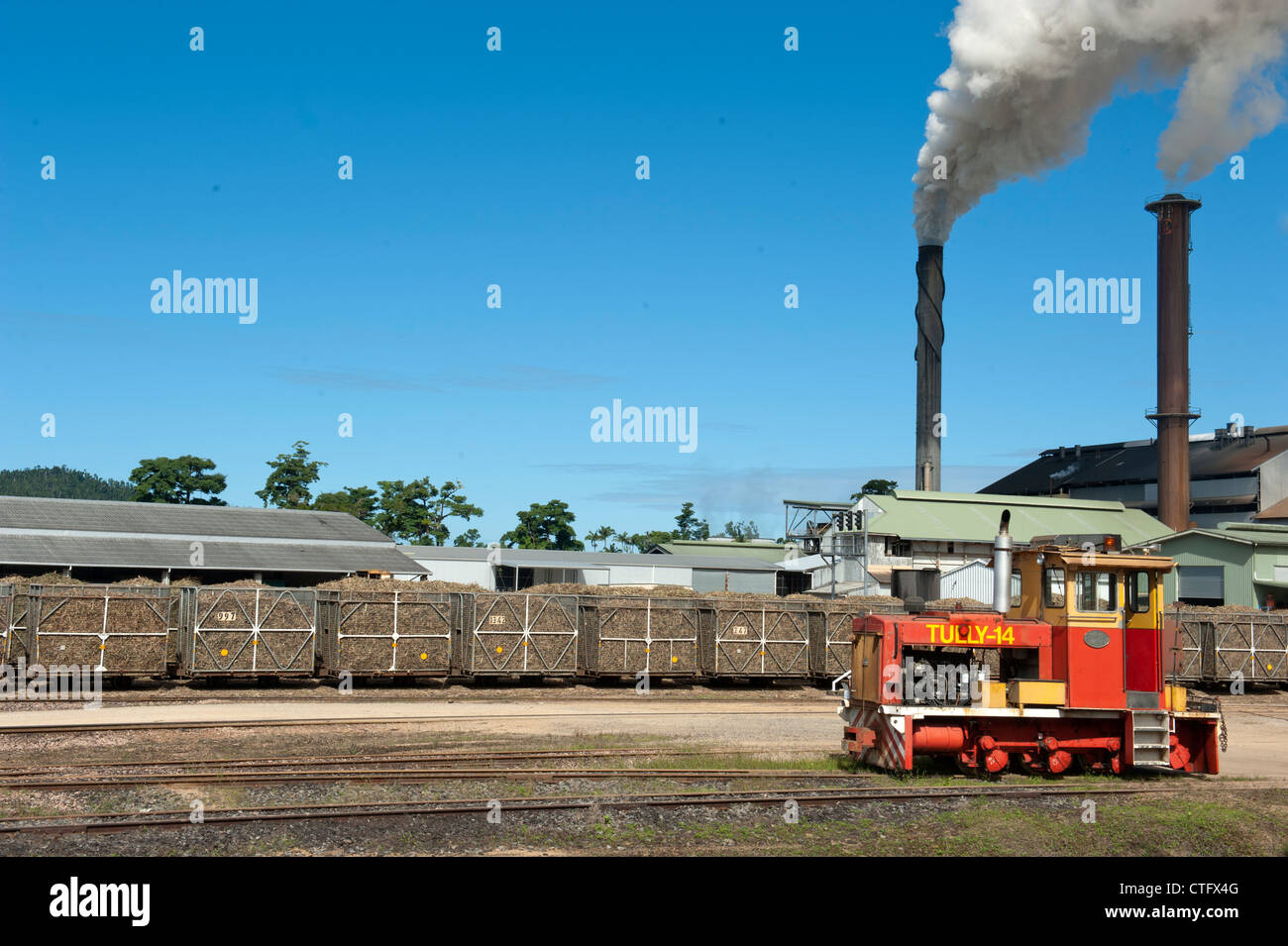 Rohrzucker loco und Transport-Behälter der Zuckerrohrernte bringen die Tully Zuckermühle in Tully, Queensland, Australien Stockfoto