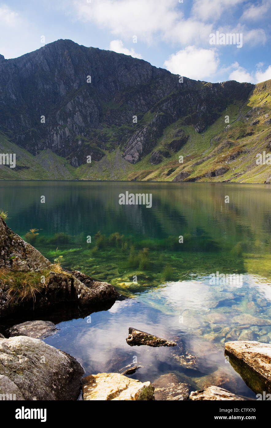 Blick auf den hübschen Cwm Cau-See eingebettet auf Cader Idris Berg, Snowdonia, Wales, UK Stockfoto
