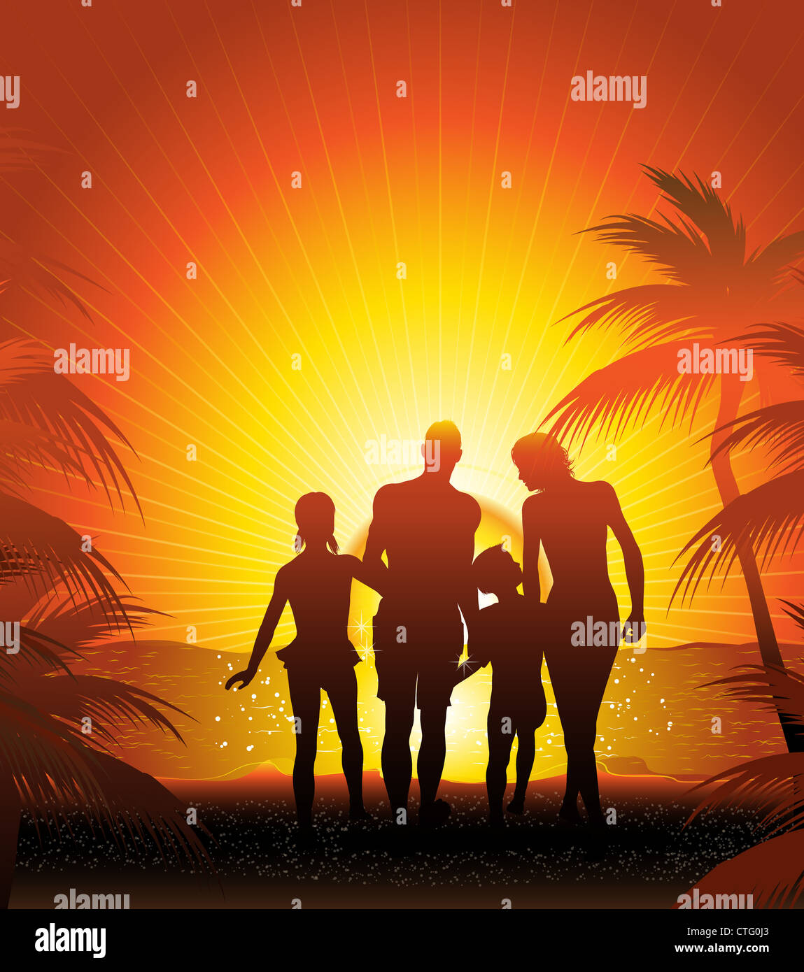 Familie Silhouette am sunset beach Stockfoto