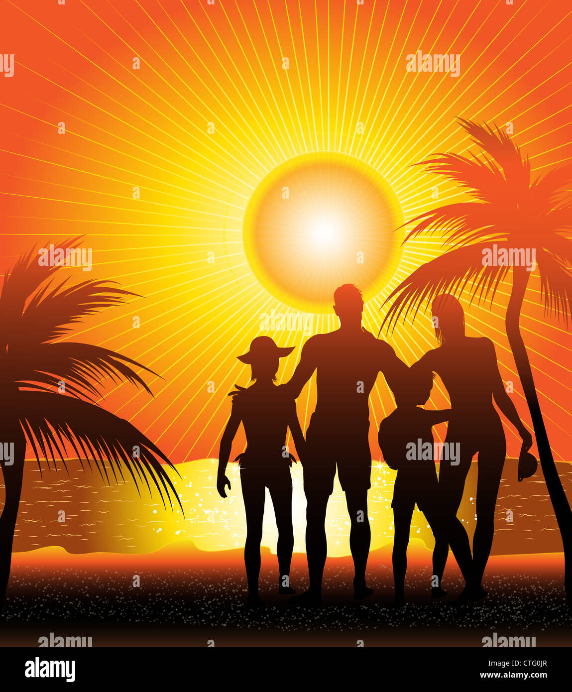 Familie Silhouette am sunset beach Stockfoto