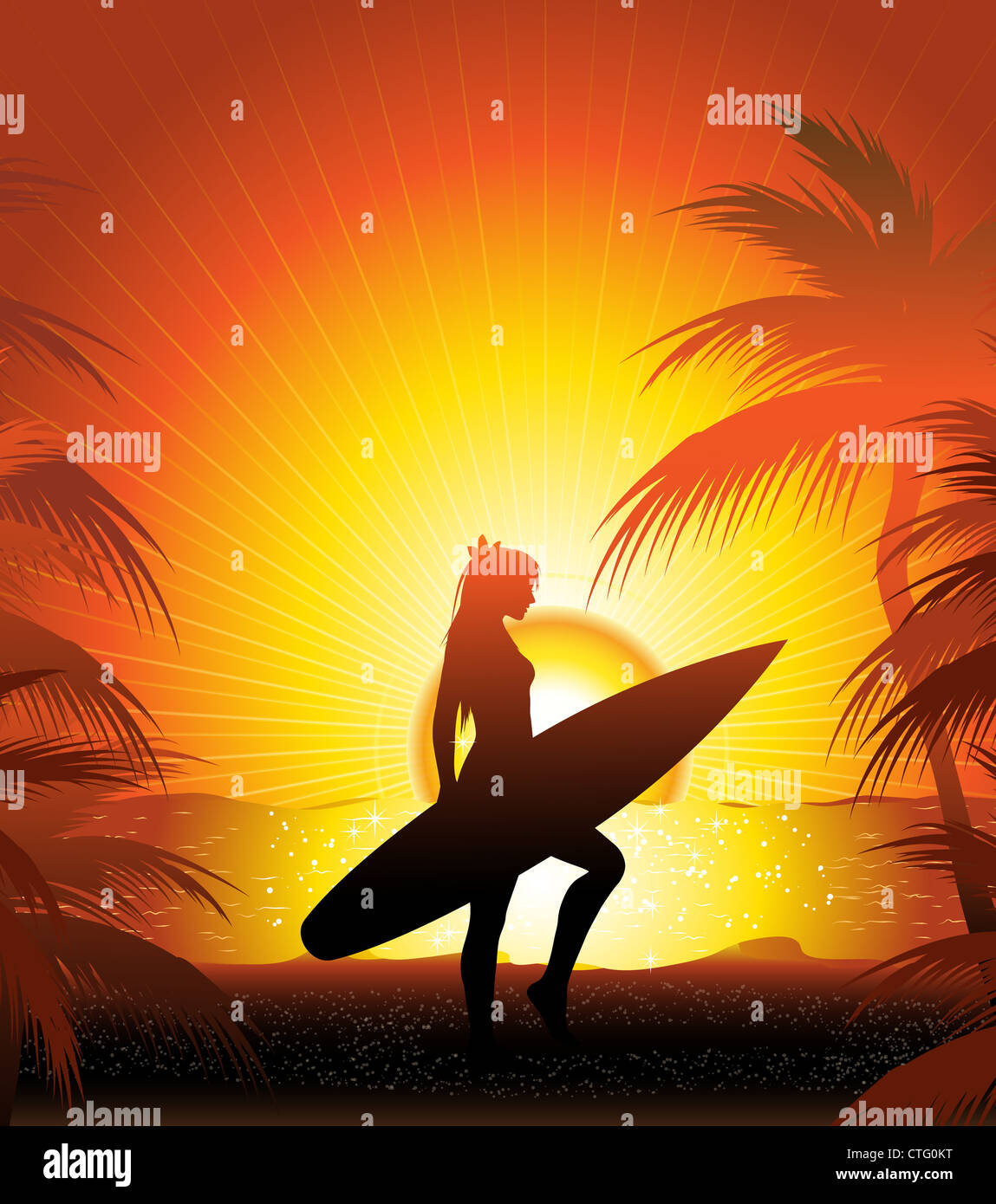 Mädchen-Surfer am Sonnenuntergang Strand Stockfoto