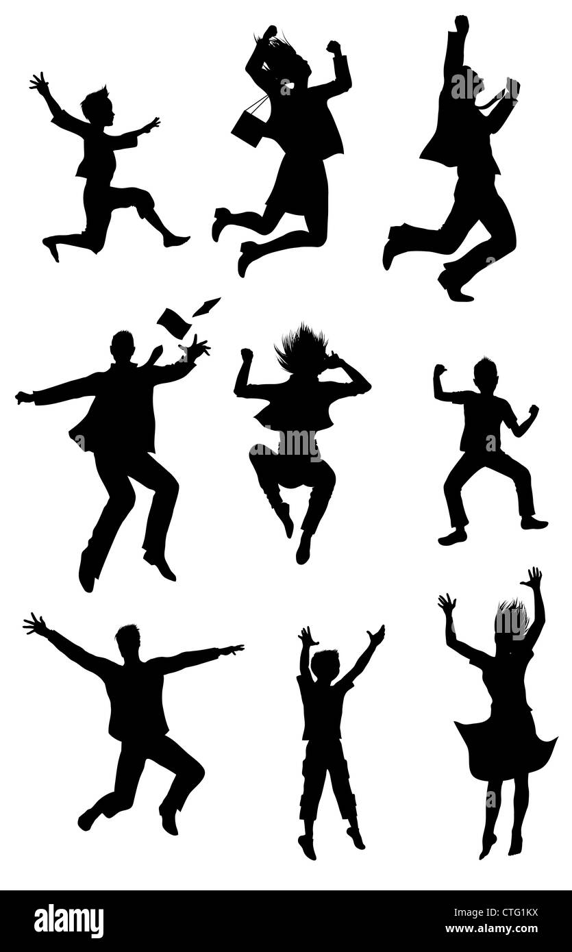 Menschen-Silhouetten mit Glück Ausdruck springen Stockfoto