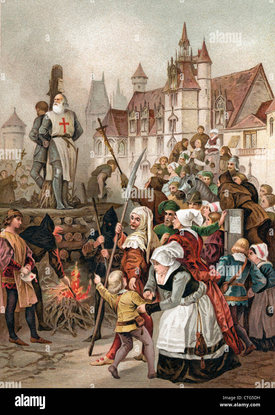 MITTELALTERLICHES DORF SZENE VERBRENNEN VON ZWEI KREUZRITTER RITTER RELIGIÖSER MÄRTYRER AUF DEM SCHEITERHAUFEN Stockfoto