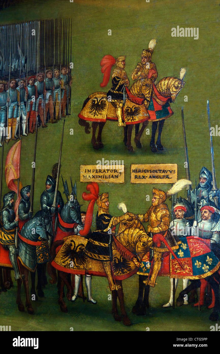 Detail der Treffen von Heinrich VIII. und Kaiser Maximilian I, ca. 1513, unbekannter Künstler Stockfoto