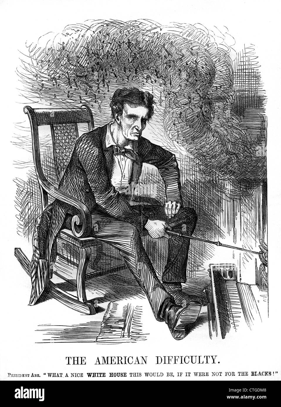1860S 1861 PUNSCH CARTOON ABRAHAM LINCOLN KAMIN RAUCH DIE AMERIKANISCHEN SCHWIERIGKEITEN SKLAVEREI IM ZUSAMMENHANG MIT SMOKEY KAMIN Stockfoto