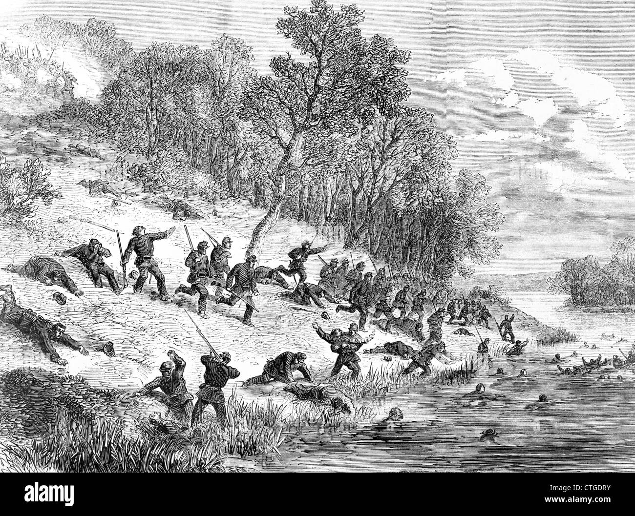 1800S 1860S 23. NOVEMBER 1861 UNION TROOP RÜCKZUG AUS BALLS BLUFF ÜBER DEN POTOMAC RIVER Stockfoto