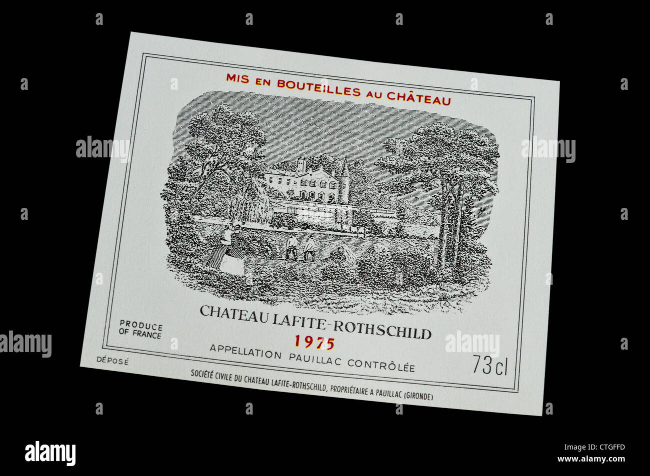 Château Lafite-Rothschild 1975 feine selten teuer rote Flasche Wein Luxuslabel Pauillac Medoc Gironde Bordeaux Frankreich Stockfoto