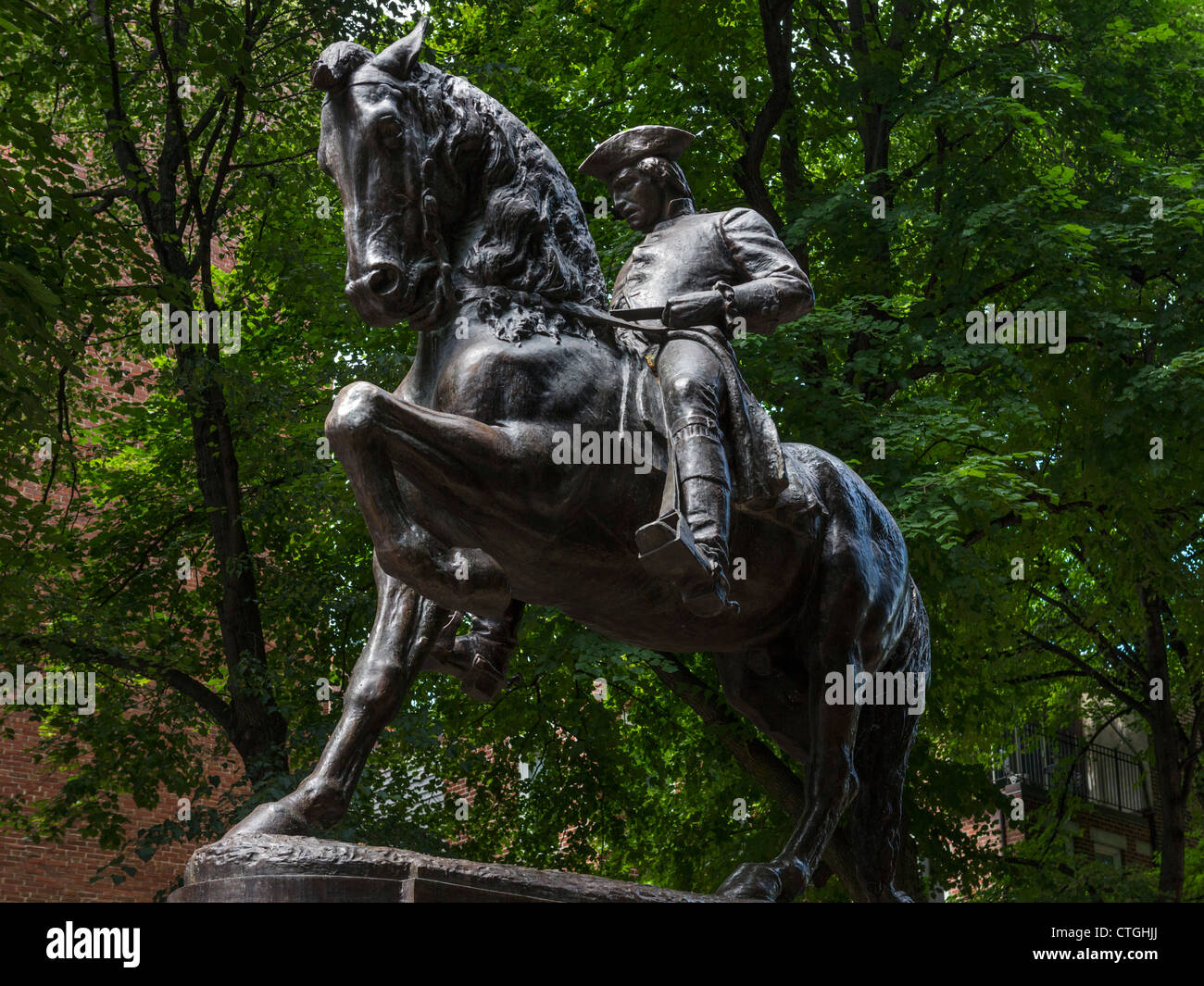 Paul Revere Statue auf dem Freedom Trail in der Nähe von Old North Church, North End, Boston, Massachusetts, USA Stockfoto