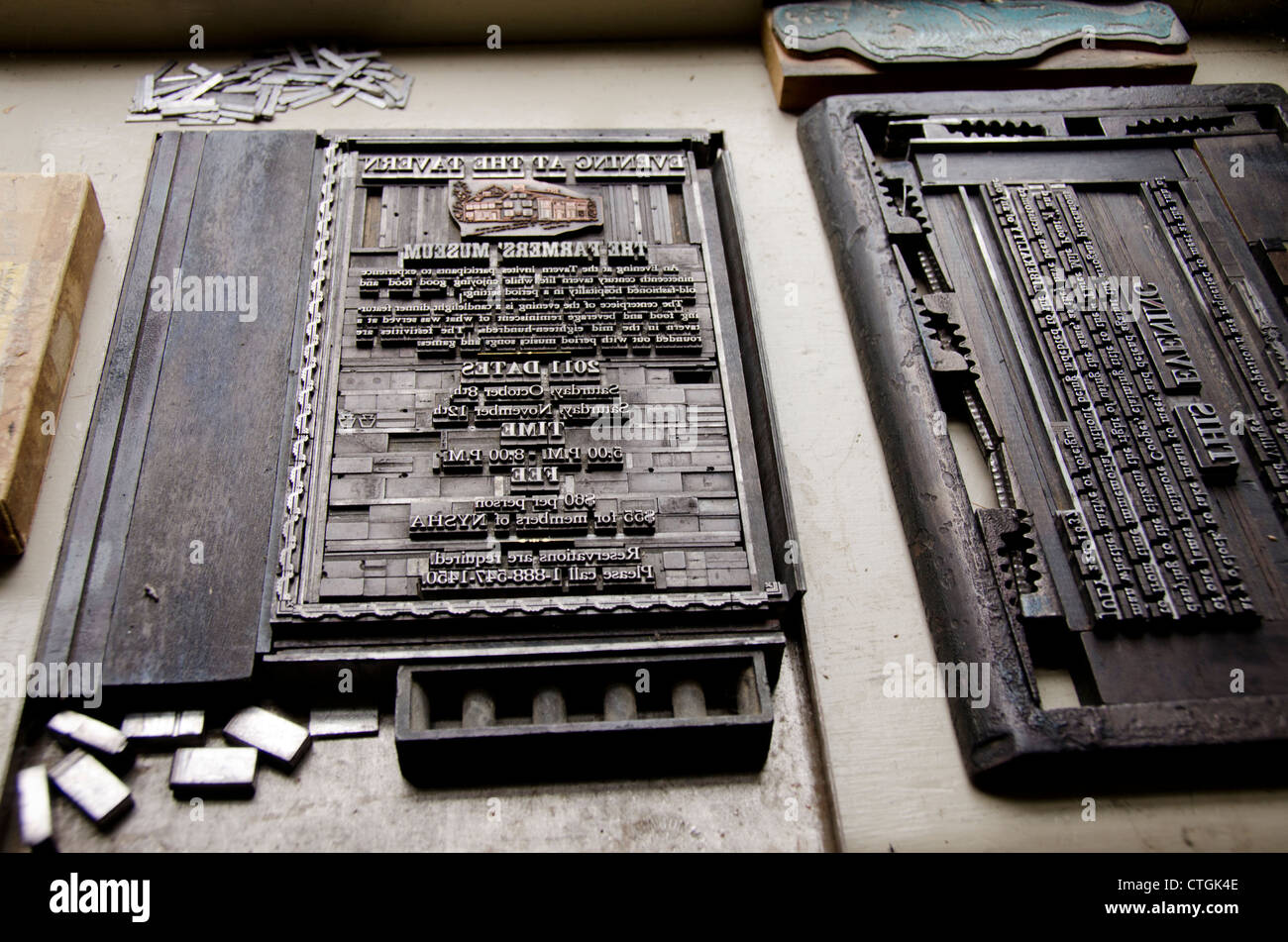 Cooperstown, New York Bauernmuseum. Historische Druckerei, Metall Schrift Buchstaben. Stockfoto