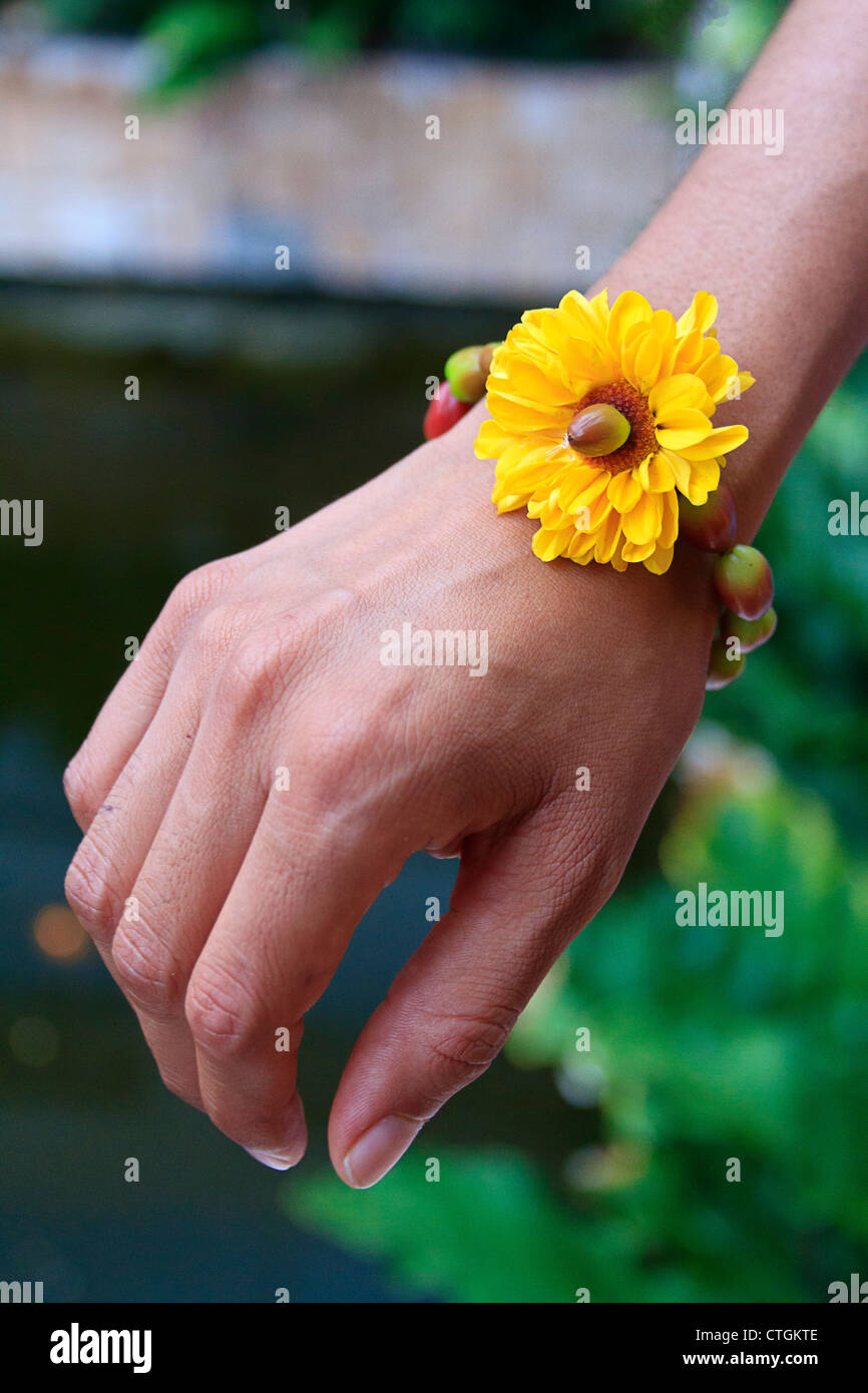 Zarte Frauenhand mit Armband gemacht von Margarita Blumensamen und Margarita Blüte. Riviera Maya, Mexiko. Stockfoto