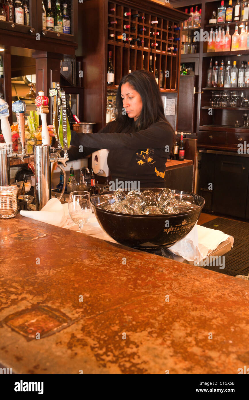 weiblichen Barkeeper, Cafe Fiore, Ventura, California, Vereinigte Staaten von Amerika Stockfoto