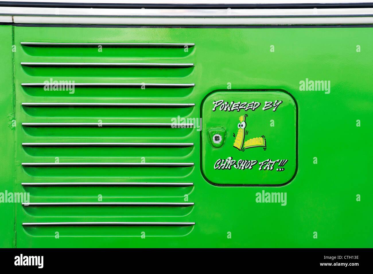 Biodiesel VW Volkswagen Camper van Tankdeckel Malerei. Angetrieben durch Chip Shop Fett Stockfoto