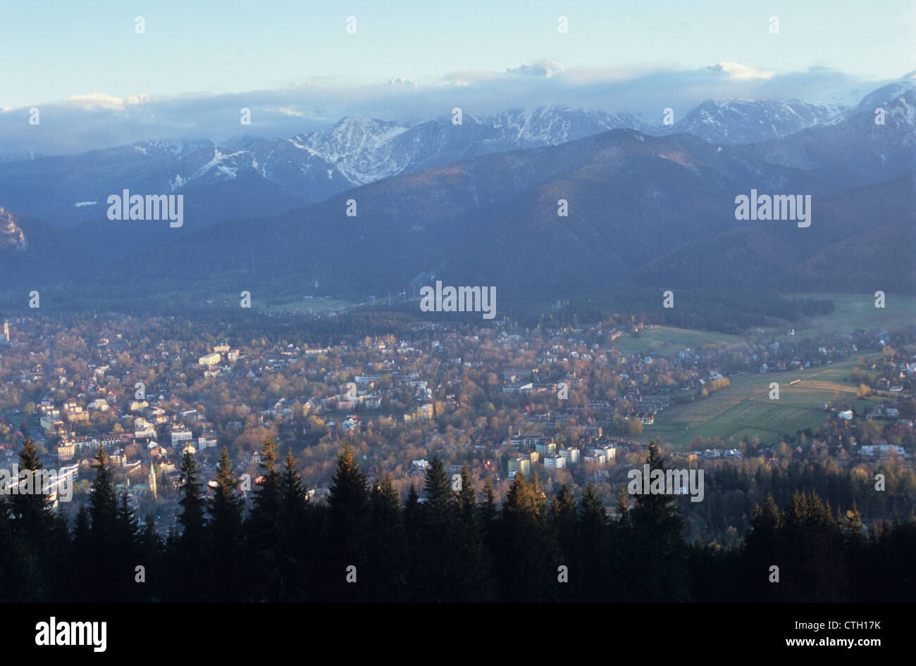 Blick vom Berg Gubalowka über Zakopane und Tatra, Polen Stockfoto