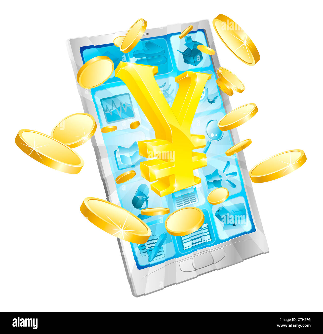 Yen Geld Telefon Concept Illustration des Handy mit Münzen und gold Yen-Zeichen Stockfoto