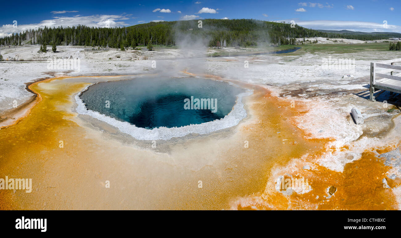 Überblick über ein Geysir im Yellowstone Nationalpark in Wyoming in den Vereinigten Staaten von Amerika Stockfoto