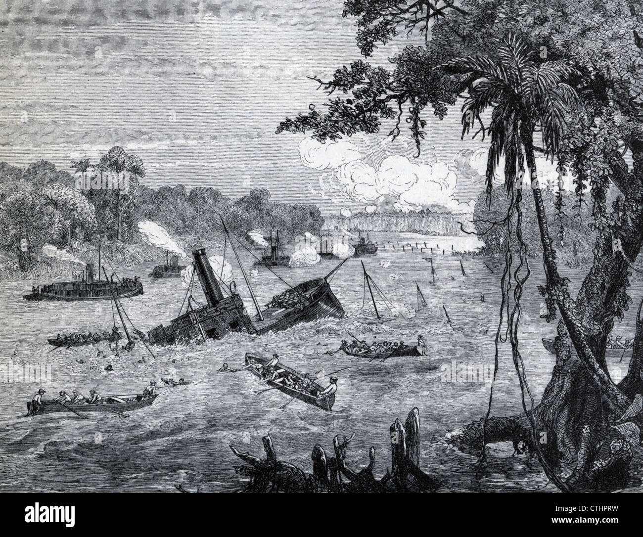 Krieg der DREIBUND (1864-1870) Linie von Paraguyan Kanonenboote versenken eine brasilianische Kriegsschiff und seine Crew nehmen zu den Booten Stockfoto