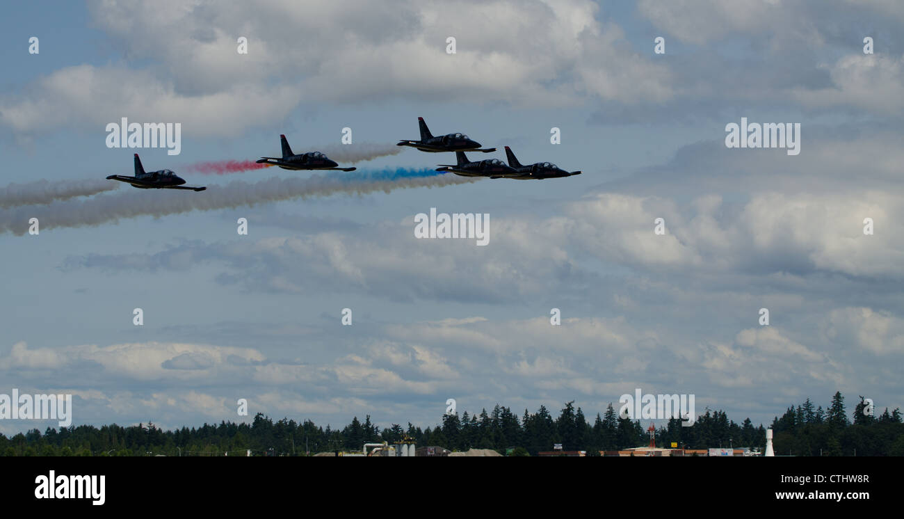 Die Mitglieder des Patriots Jet Teams fliegen am ersten Tag der Joint Base Lewis-McChord Air Expo 2012, dem 21. Juli, tief über den Boden. Stockfoto