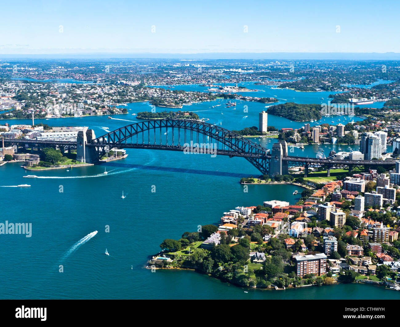 Sydney Harbour Bridge von einem Wasserflugzeug genommen Stockfoto