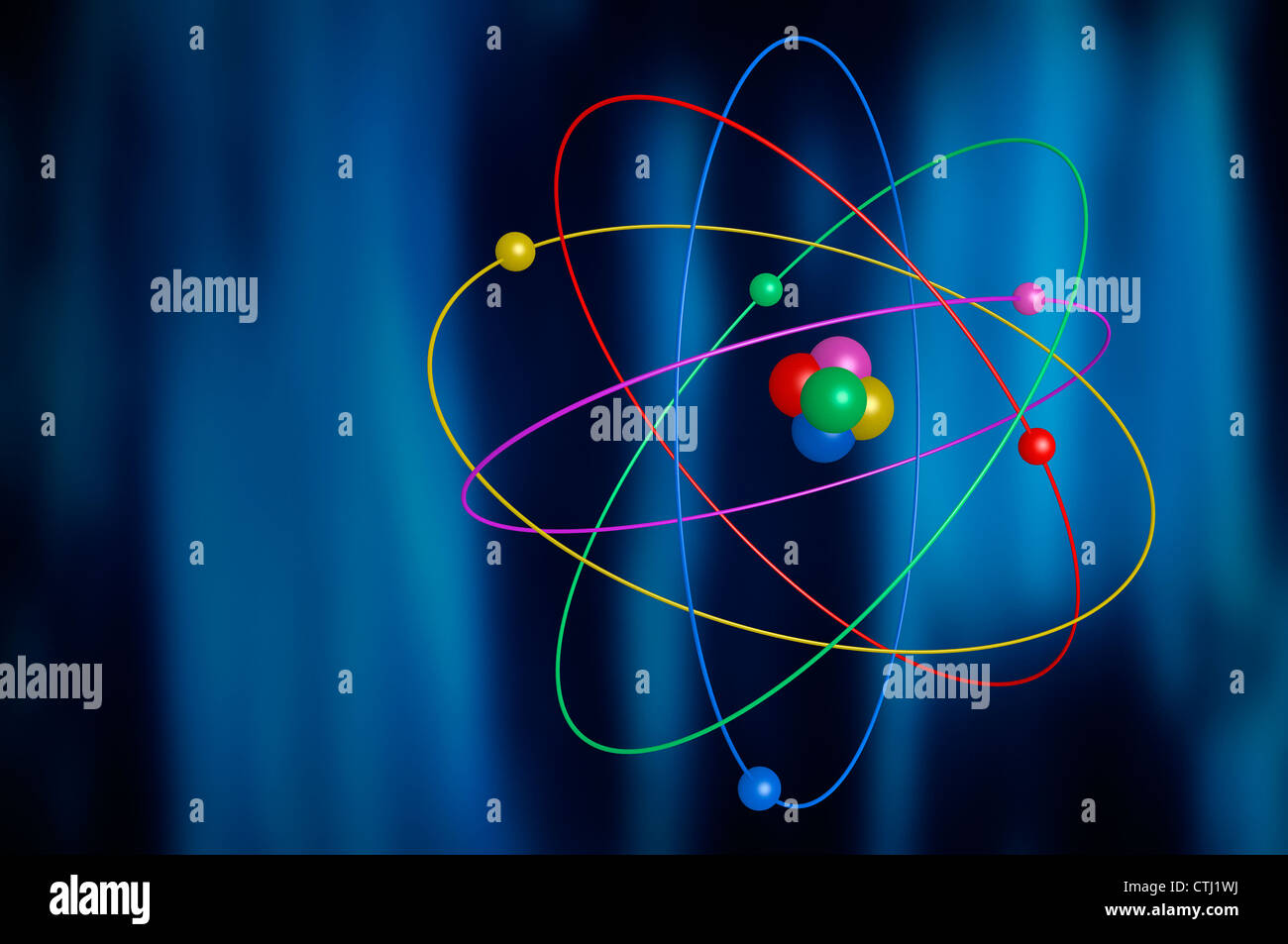 3D-Illustration, Digital Design eines Atoms mit Kern und Elektronen drehen Elliptische auf blauem Hintergrund Stockfoto