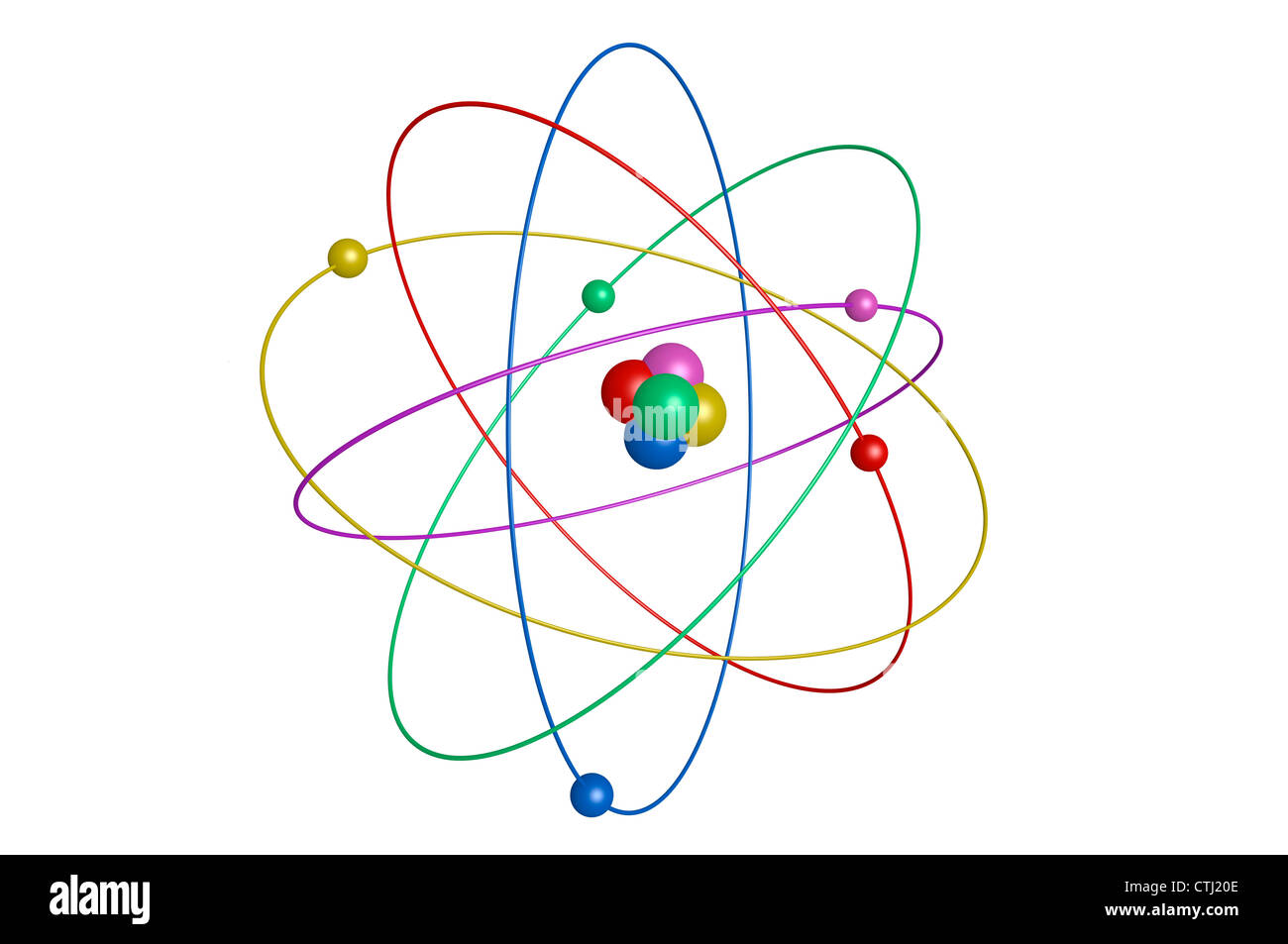 3D-Illustration, Digital Design eines Atoms mit Kern und Elektronen drehen elliptisch auf weißem Hintergrund Stockfoto