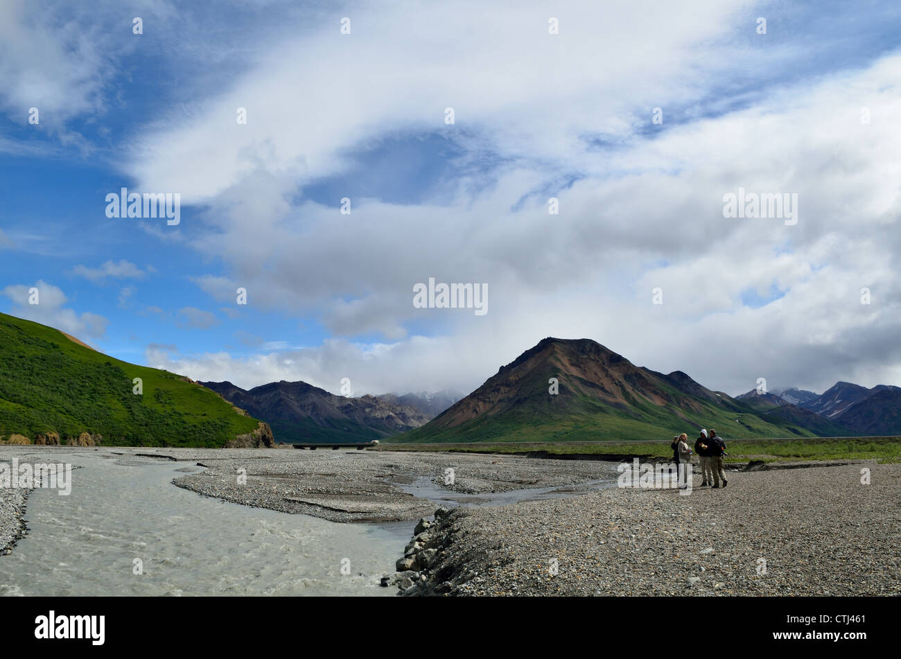 Besucher stehen am Ufer des Toklat River. Denali Nationalpark und Reservat Wildheit. Alaska, USA. Stockfoto