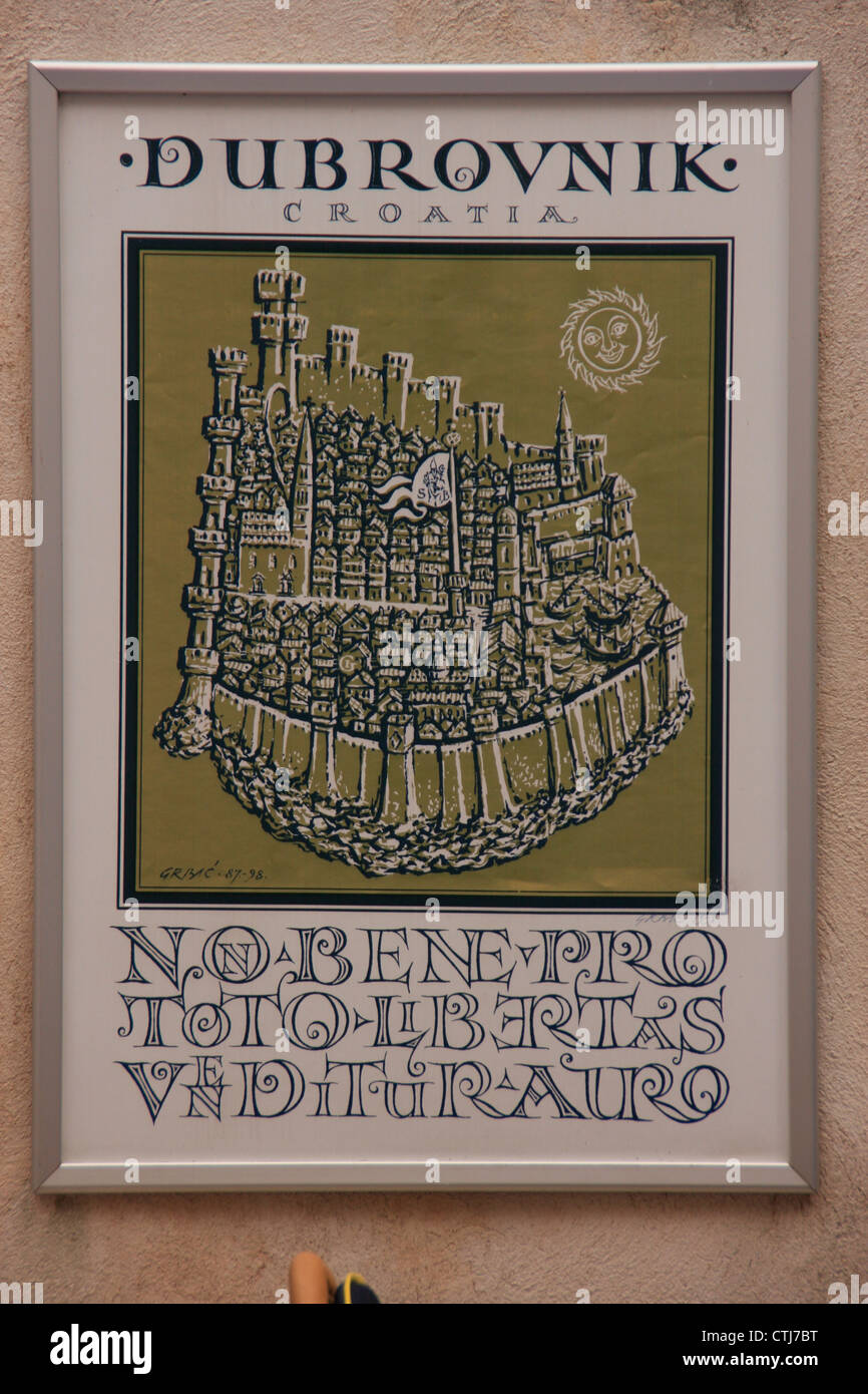Board mit Städtenamen drauf, Dubrovnik, Kroatien Stockfoto