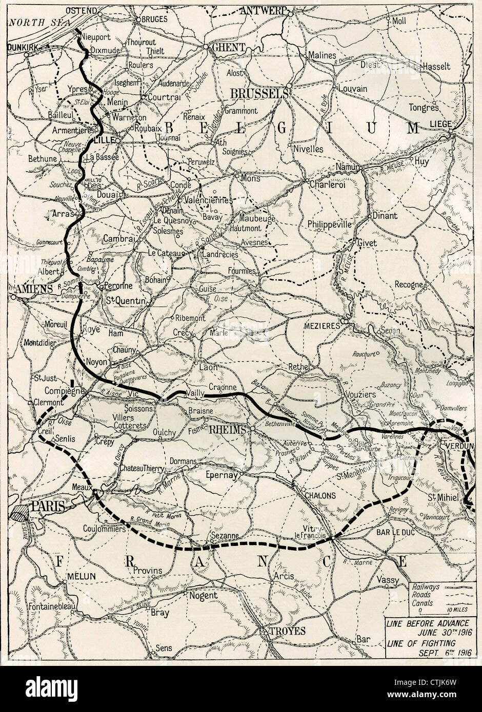 Karte von der Somme offensive an der Westfront im ersten Weltkrieg. Stockfoto