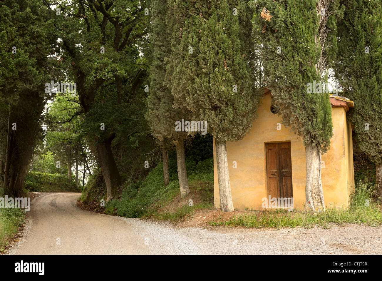 Kleine Waldkapelle und kurvenreiche Straße in den Hügeln der Toskana in der Nähe von Pienza Stockfoto